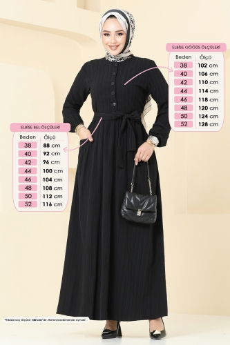 moda selvim Yarım Düğmeli Kemerli Elbise 4040PM271 Siyah - Thumbnail