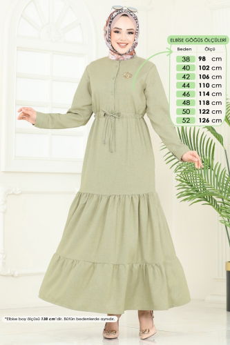 moda selvim Yarım Düğmeli Keten Elbise 3049KTR750 Çağla - Thumbnail
