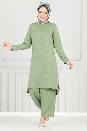 moda selvim Yarım Düğmeli Keten Takım 018MR1077-M Çağla - Thumbnail