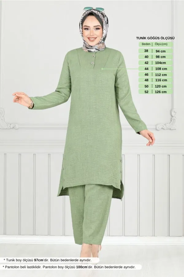 Modaselvim SEPETTE NET %20+%20 İNDİRİM Yarım Düğmeli Keten Takım 018MR1077-M Çağla