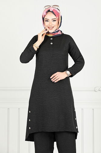 moda selvim Yarım Düğmeli Keten Takım 018MR1077-M Siyah - Thumbnail