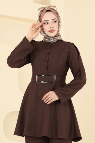moda selvim Yarım Düğmeli Keten Takım 2668SL432 Kahve - Thumbnail