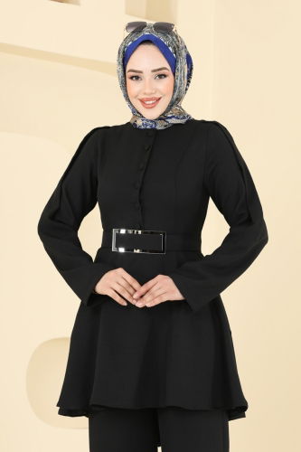 moda selvim Yarım Düğmeli Keten Takım 2668SL432 Siyah - Thumbnail