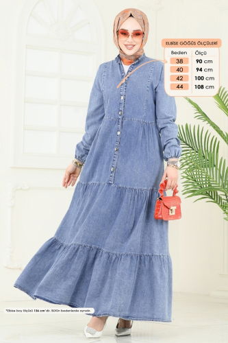 moda selvim Yarım Düğmeli Kot Elbise 858ASE1098 Açık Kot - Thumbnail
