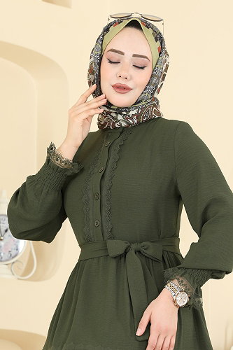 moda selvim Yarım Düğmeli Kuşaklı Elbise 9242PLK541 Haki - Thumbnail