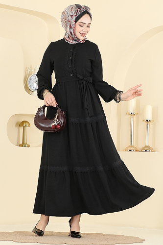 moda selvim Yarım Düğmeli Kuşaklı Elbise 9242PLK541 Siyah - Thumbnail