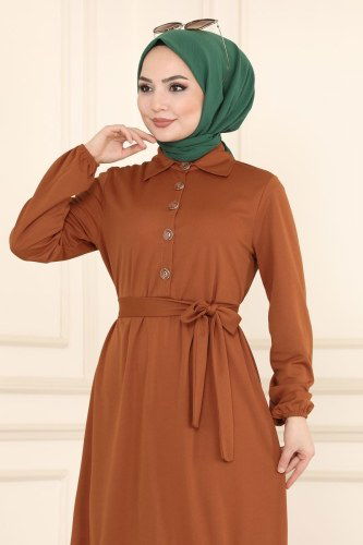 moda selvim Yarım Düğmeli Mira Elbise 2012MRT754 Taba - Thumbnail