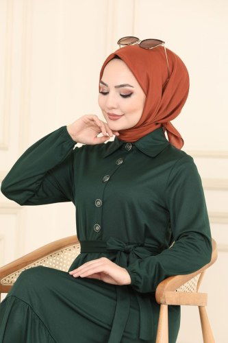 moda selvim Yarım Düğmeli Mira Elbise 2012MRT754 Zümrüt - Thumbnail