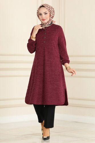 moda selvim Yarım Düğmeli Selanik Tunik 6007MRT754 Bordo - Thumbnail