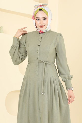 moda selvim Yarım Düğmeli Sofia Elbise 2705SL432 Çağla - Thumbnail