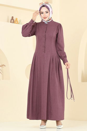 moda selvim Yarım Düğmeli Sofia Elbise 2705SL432 Mürdüm - Thumbnail