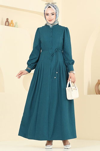 moda selvim Yarım Düğmeli Sofia Elbise 2705SL432 Petrol - Thumbnail