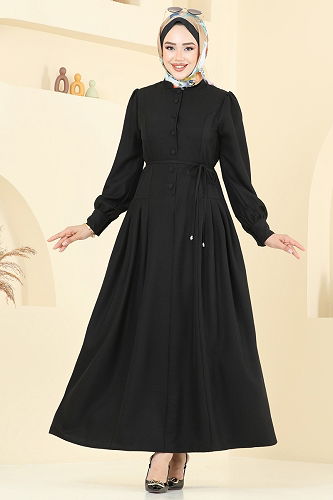 moda selvim Yarım Düğmeli Sofia Elbise 2705SL432 Siyah - Thumbnail
