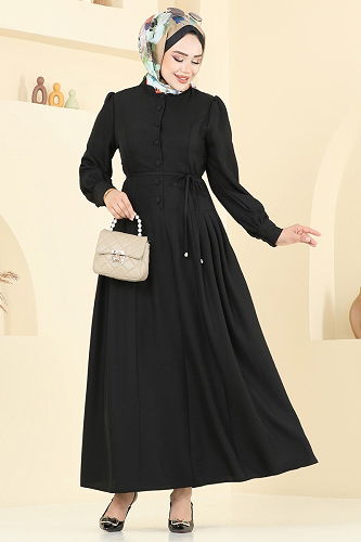 moda selvim Yarım Düğmeli Sofia Elbise 2705SL432 Siyah - Thumbnail