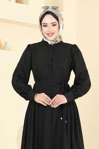 moda selvim Yarım Düğmeli Sofia Elbise 2705SL432 Siyah - Thumbnail