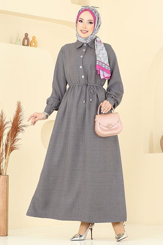 moda selvim Yarım Düğmeli Sofia Elbise 381DVL817 Antrasit - Thumbnail