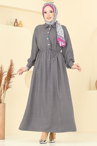 moda selvim Yarım Düğmeli Sofia Elbise 381DVL817 Antrasit - Thumbnail