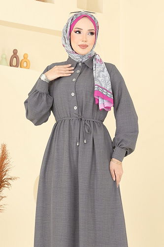 moda selvim Yarım Düğmeli Sofia Elbise 381DVL817 Antrasit - Thumbnail