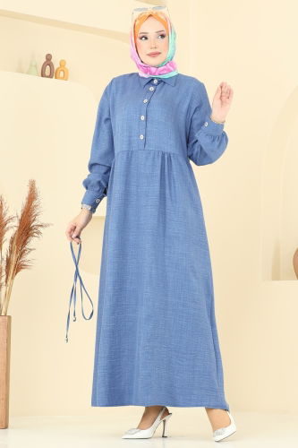 moda selvim Yarım Düğmeli Sofia Elbise 381DVL817 İndigo - Thumbnail