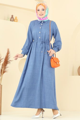 moda selvim Yarım Düğmeli Sofia Elbise 381DVL817 İndigo - Thumbnail