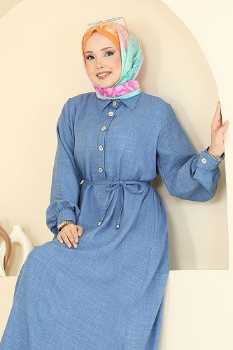 moda selvim Yarım Düğmeli Sofia Elbise 381DVL817 İndigo - Thumbnail