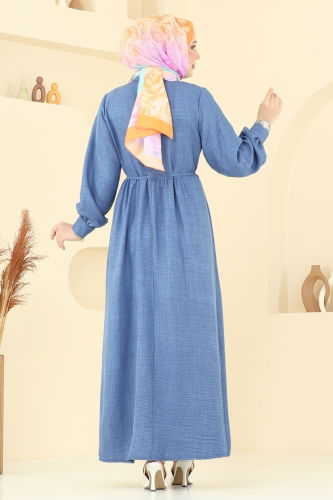 moda selvim Yarım Düğmeli Sofia Elbise 381DVL817 İndigo - Thumbnail