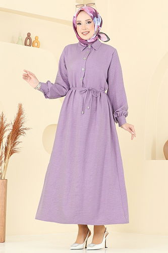 moda selvim Yarım Düğmeli Sofia Elbise 381DVL817 Lila - Thumbnail