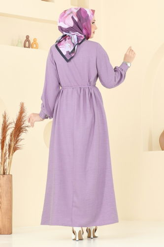 moda selvim Yarım Düğmeli Sofia Elbise 381DVL817 Lila - Thumbnail