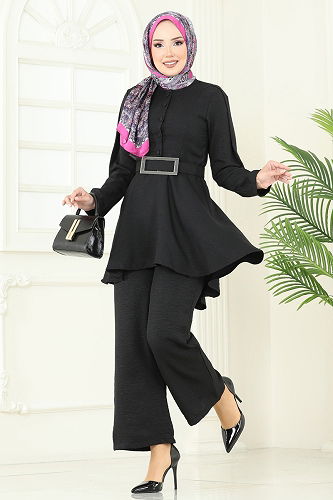 moda selvim Yarım Düğmeli Sofia Takım 3118HBS856 Siyah - Thumbnail