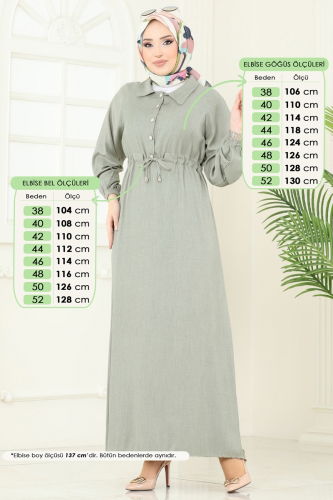 moda selvim Yarım Düğmeli Tensel Kot Elbise 307HBS856 Haki - Thumbnail