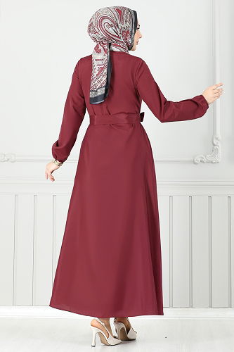 moda selvim Yarım Düğmeli Terikoton Elbise 333MSA980 Bordo - Thumbnail