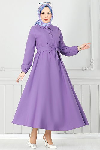 moda selvim Yarım Düğmeli Terikoton Elbise 333MSA980 Koyu Lila - Thumbnail