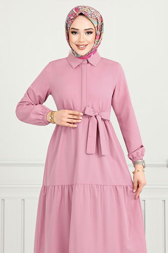 moda selvim Yarım Düğmeli Terikoton Elbise 400ART1044-M Gül Kurusu - Thumbnail