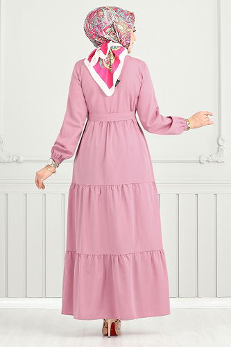 moda selvim Yarım Düğmeli Terikoton Elbise 400ART1044-M Gül Kurusu - Thumbnail