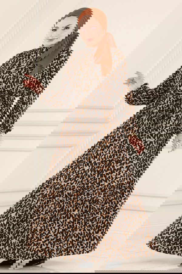 Modaselvim Elbise Yarım Düğmeli Bürümcük Elbise 1013MRT754 Leopar
