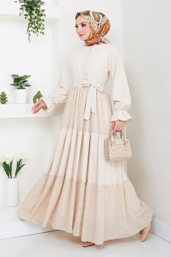 MRV H.B.S. - Yarım Düğmeli Tesettür Elbise 2448HBS932-M Taş