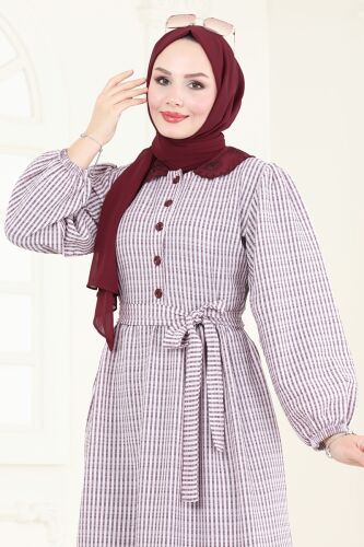 moda selvim Yarım Düğmeli Tesettür Elbise 3068HBS856 Bordo - Thumbnail