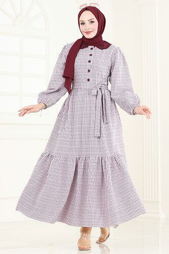 moda selvim Yarım Düğmeli Tesettür Elbise 3068HBS856 Bordo - Thumbnail