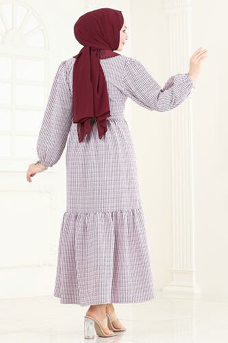 moda selvim Yarım Düğmeli Tesettür Elbise 3068HBS856 Bordo - Thumbnail