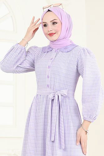 moda selvim Yarım Düğmeli Tesettür Elbise 3068HBS856 Lila - Thumbnail