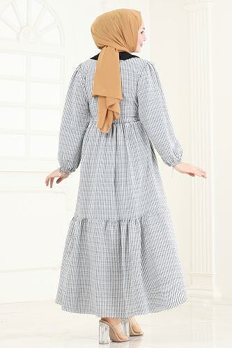 moda selvim Yarım Düğmeli Tesettür Elbise 3068HBS856 Siyah - Thumbnail