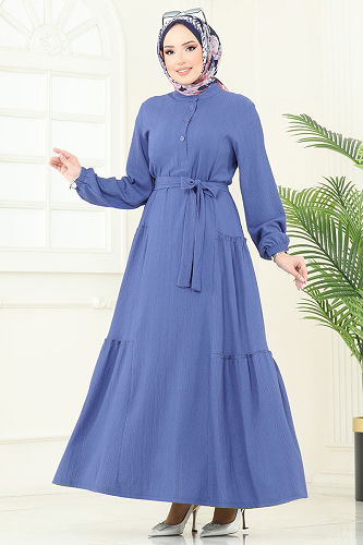 moda selvim Yarım Düğmeli Tesettür Elbise 401DVL817 İndigo - Thumbnail