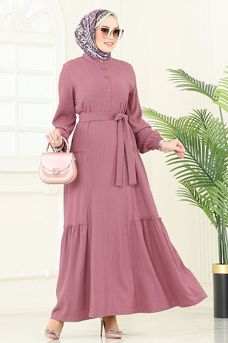 moda selvim Yarım Düğmeli Tesettür Elbise 401DVL817 Koyu Gül Kurusu - Thumbnail