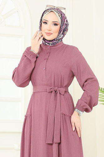 moda selvim Yarım Düğmeli Tesettür Elbise 401DVL817 Koyu Gül Kurusu - Thumbnail