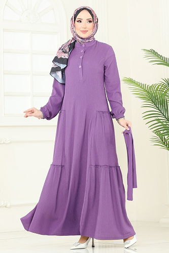 moda selvim Yarım Düğmeli Tesettür Elbise 401DVL817 Koyu Lila - Thumbnail