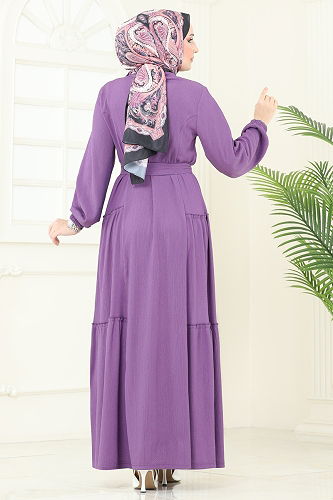 moda selvim Yarım Düğmeli Tesettür Elbise 401DVL817 Koyu Lila - Thumbnail