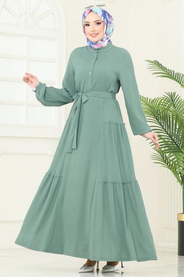 Modaselvim Elbise Yarım Düğmeli Tesettür Elbise 401DVL817 Mint