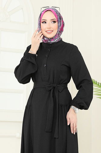 moda selvim Yarım Düğmeli Tesettür Elbise 401DVL817 Siyah - Thumbnail