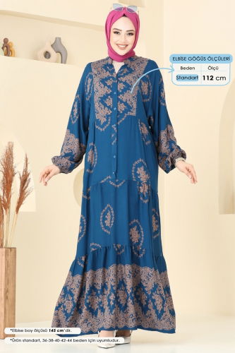 moda selvim Yarım Düğmeli Tesettür Elbise 5585ZNNK1102 Petrol - Thumbnail