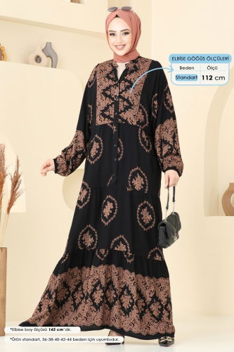 moda selvim Yarım Düğmeli Tesettür Elbise 5585ZNNK1102 Siyah - Thumbnail